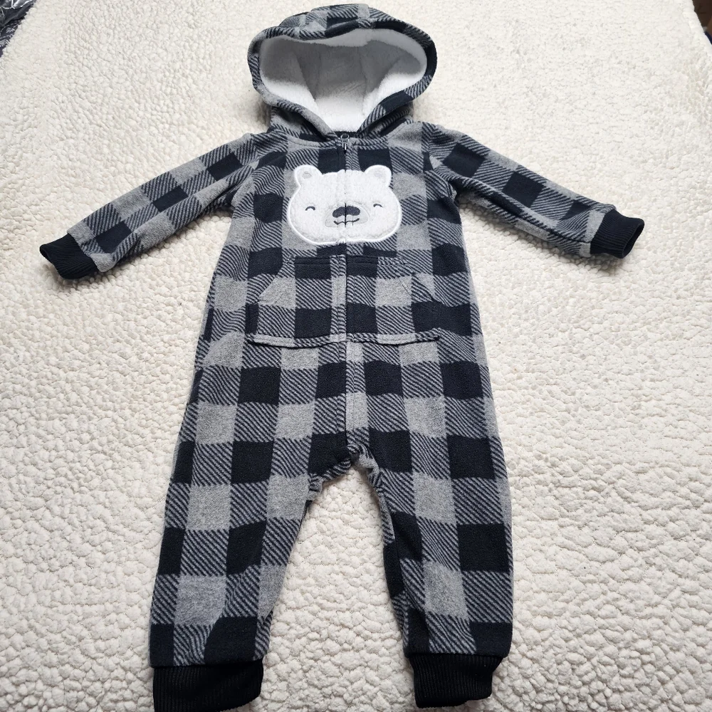 Carter's One Piece Velour Sherpa Zip Front Hooded Bear Front Applique 9 Months